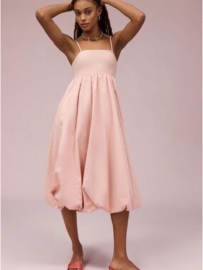 Maeve Blush Pink Spaghetti-Strap Bubble Midi Dress